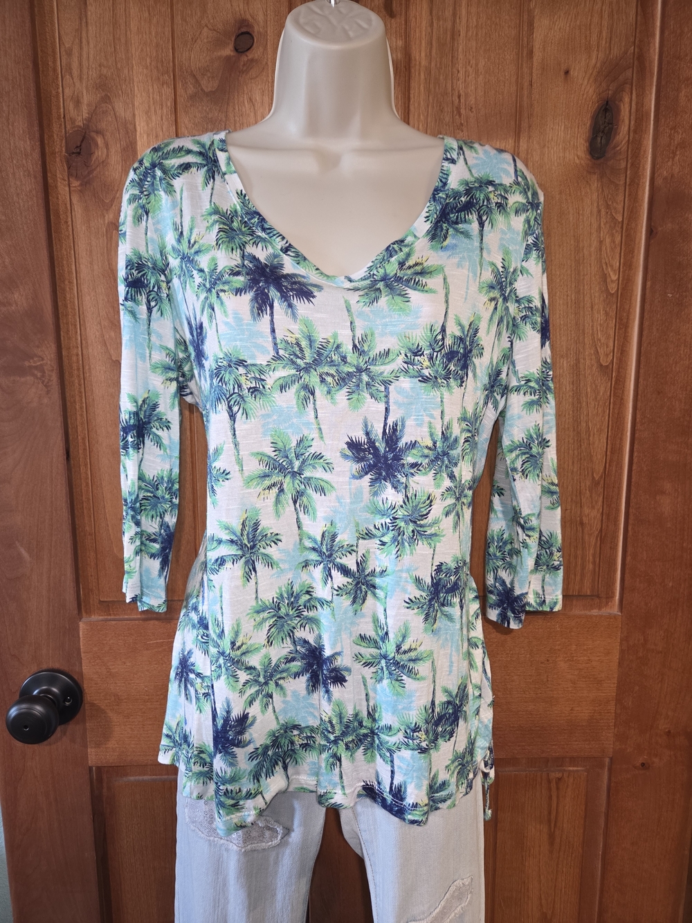 Women's Palm-Print V-Neck Tunic Top in‎ Green and Blue